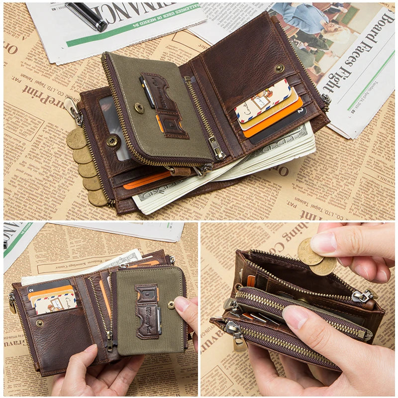 CONTACT'S 100% Genuine Leather RFID Men Wallet Zipper Large Capacity Coin Purse Male Mini Clutch Bag Card Holder Wallet