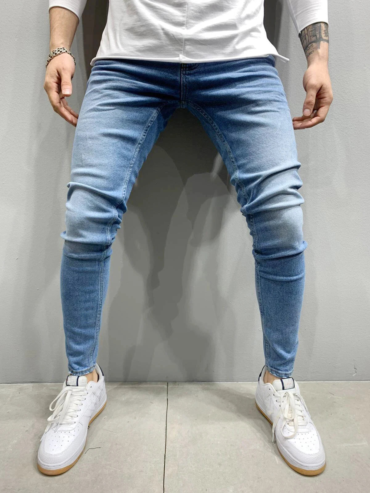 Fashion Street Style Ripped Skinny Jeans Men Vintage Wash Solid Denim Trouser Mens Casual Slim Fit Pencil Denim Pants Hot Sale