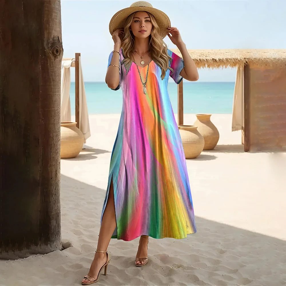 Gradient Color Printed Women'S Split V Neck Long Dress Casual Summer＆Spring Dress Streetwear Holiday Short Sleeve Dresses 2024