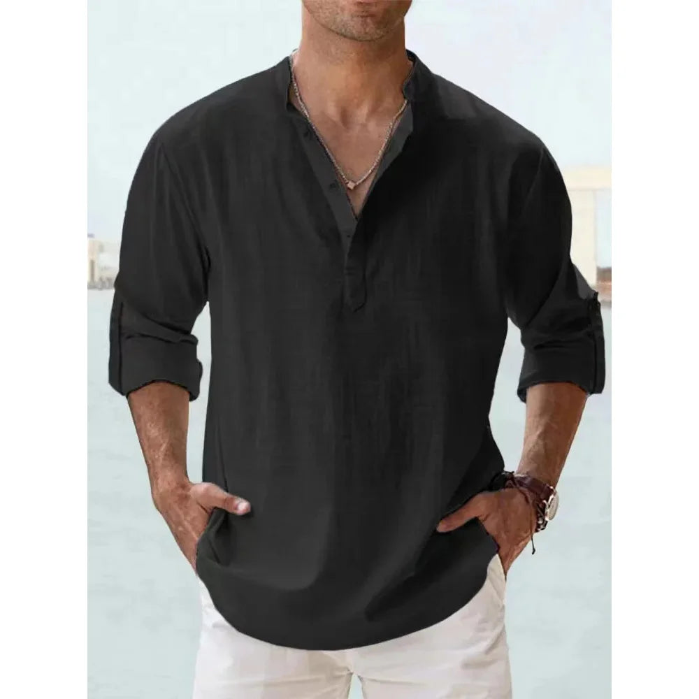 New Cotton Linen Shirts for Men Casual Shirts Lightweight Long Sleeve Henley Beach Shirts Hawaiian T Shirts for Men Streetwear