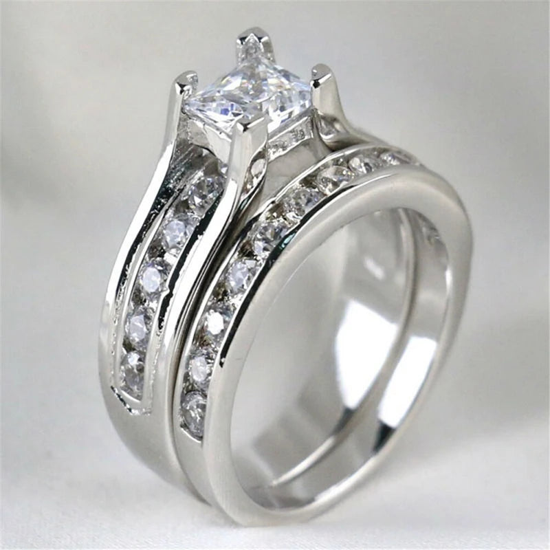 Romantic Zircon Couple Rings Stainless Steel Men'S Ring and Simple Crystal Zircon Women Rings Set Wedding Ring