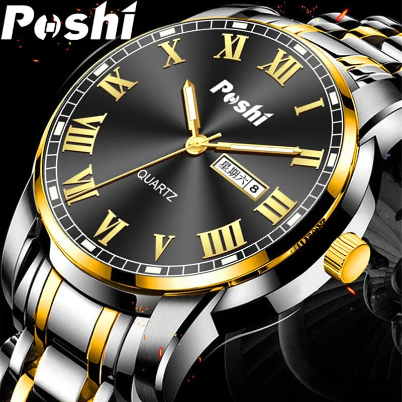 Men Watch Stainless Steel Top Quality Luxury Push Button Hidden Clasp Waterproof Luminous Date Week Sport Wrist Watches