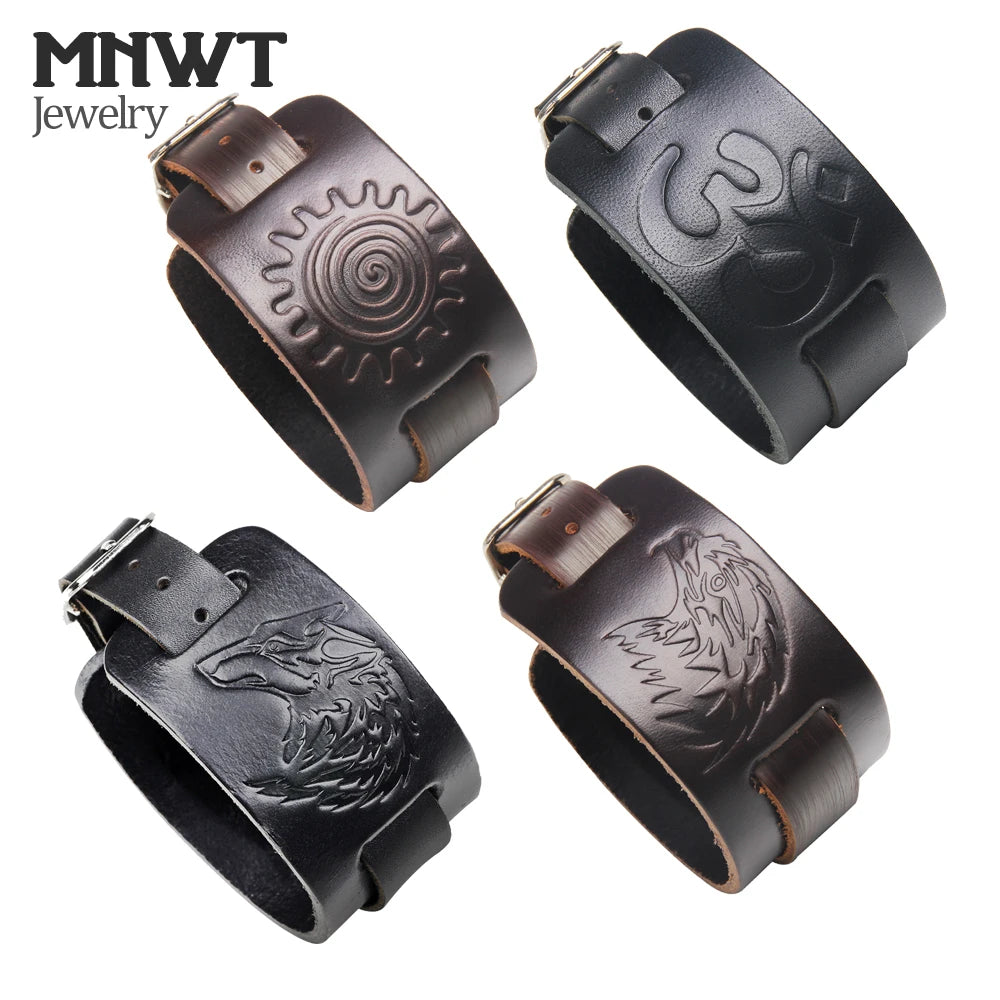 Charm Wide Leather Bracelet Black Brown Men Fashion Embossed Wolf/Eagle/Totem Wristband Bangle Punk Rock Style Jewelry