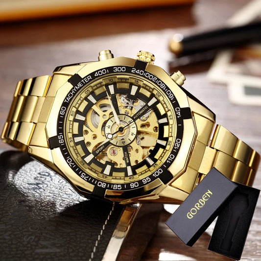 Luxury Gold Skeleton Automatic Mechanical Watches Men Wristwatch Big Dial Stainless Steel Black Clock Luminous Hands Male Reloj