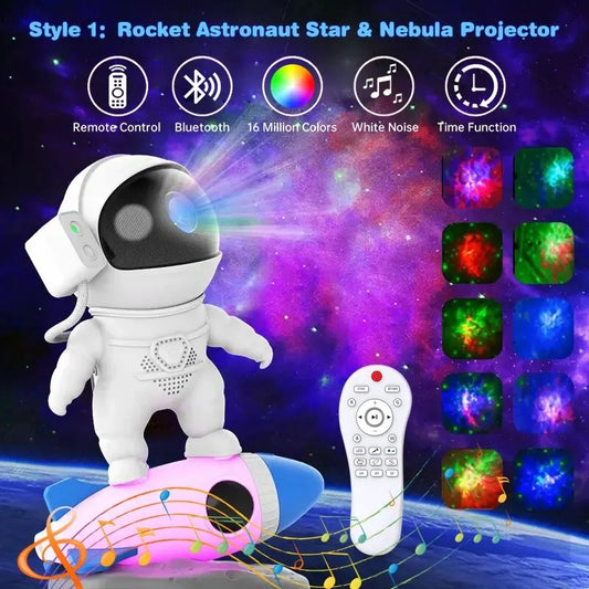 Bluetooth Music Speaker with White Noise Rocket Astronaut Star Nebula Projector Space Galaxy Projector Night Light for Kids Gift