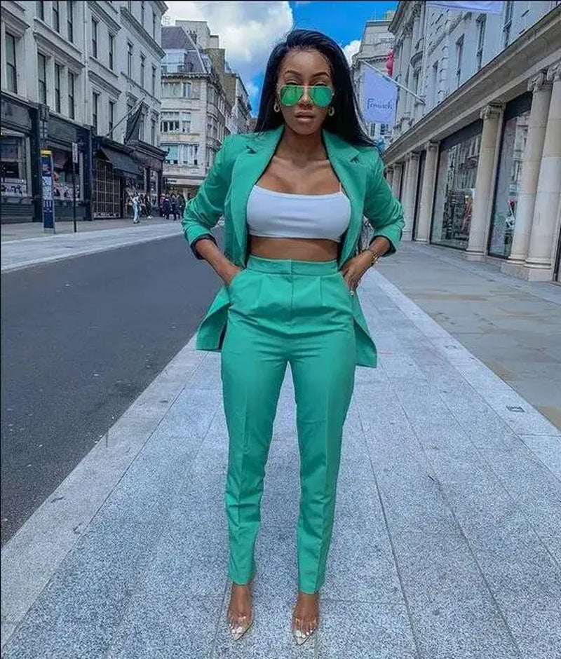 Green Women Blazer with Wide Pants Suits Set 2 Pcs Long Sleeve Suit Women Jacket Suits Female Ladies Customize Made