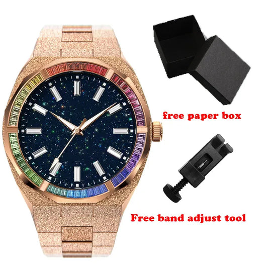 No Logo 42Mm Transparent Crystal Marker Star Dust Dial Hand-Set Rainbow Stone Bezel Frosted Men Quartz Watch