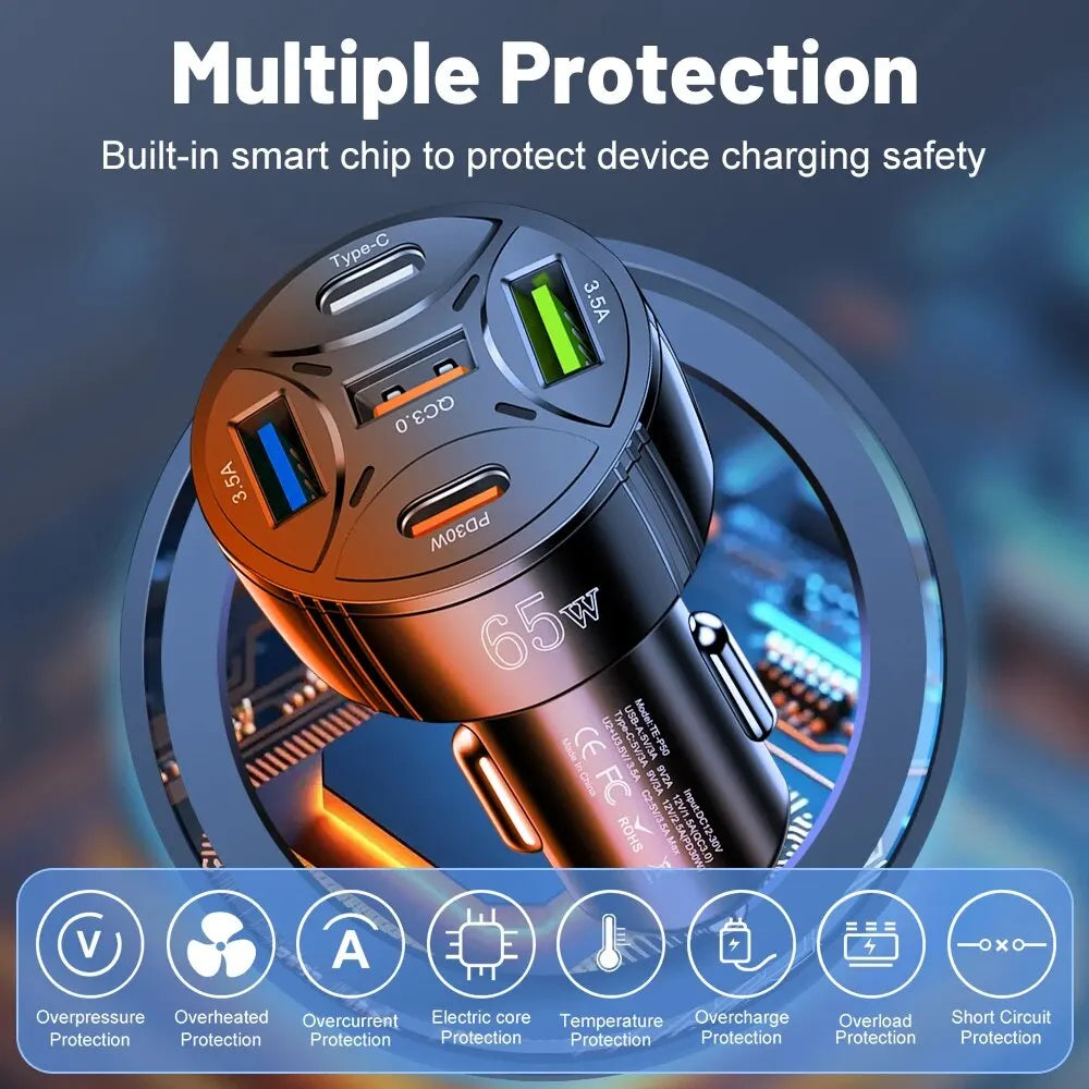 5 Port 65W USB Car Chargers Type C Car Charger Fast Charging PD QC3.0 Phone Charger in Car for Iphone Xiaomi Huawei Samsung