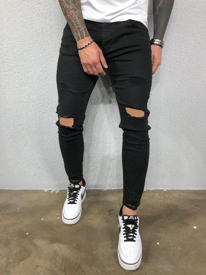 Fashion Street Style Ripped Skinny Jeans Men Vintage Wash Solid Denim Trouser Mens Casual Slim Fit Pencil Denim Pants Hot Sale