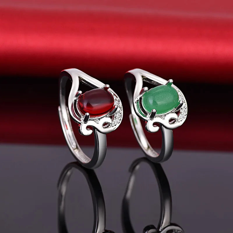 Retro Women Rings 925 Silver Jewelry Wedding Engagement Promise Party Ornaments Oval Shape Red Zircon Gemstone Open Finger Ring