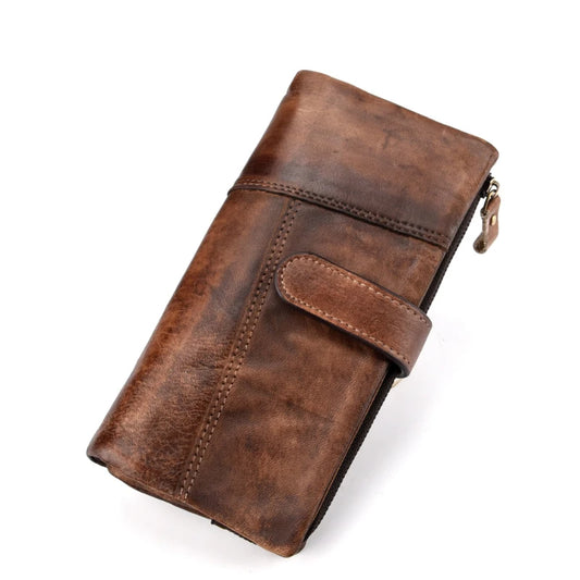 Vintage Fashion Wax Oil Skin Long Purse Genuine Leather Notecase for Ladies Girls 2 Folds Long Wallet RIFD Men Wallet