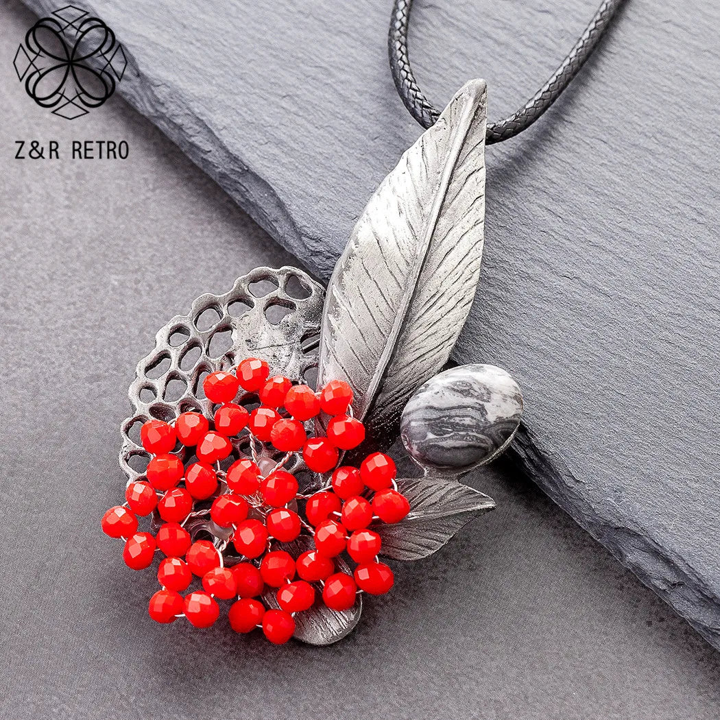 Jewelry Red Crystal Beads Flower Pendant Long Necklace for Women Vintage Plant Suspension Goth Chains Choker Wholesale Jewellery