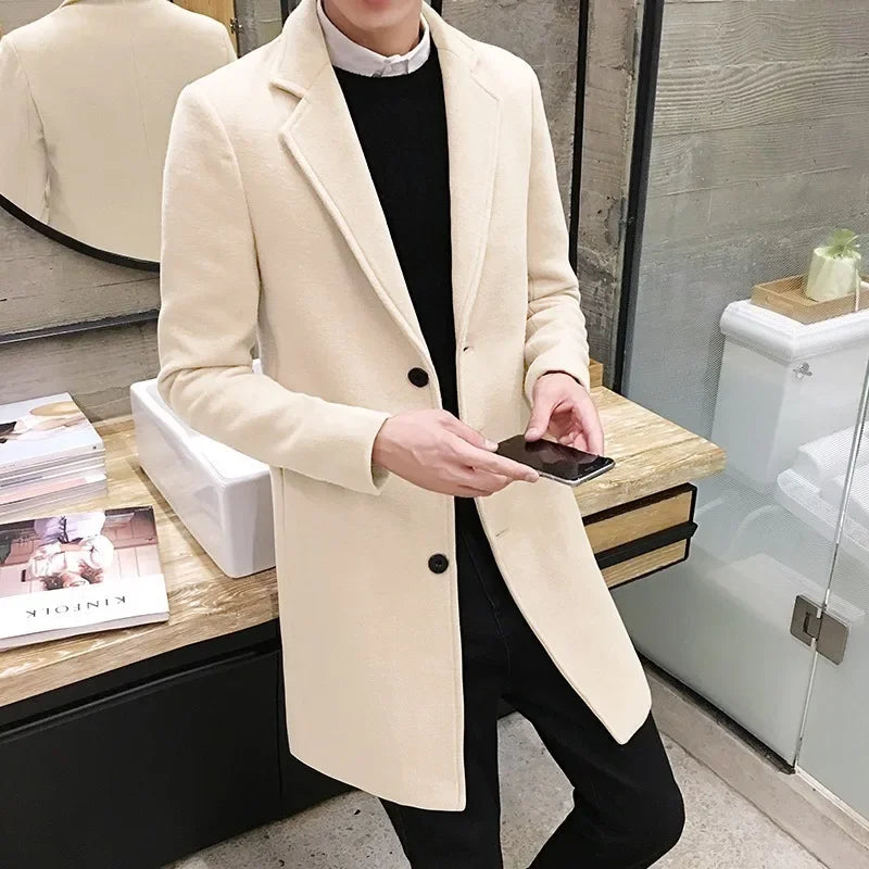 Mens Long Cotton Coat Spring Autumn New Wool Blend Pure Color Slim Casual Business Fashion Mens Clothing Slim Windbreaker Jacket