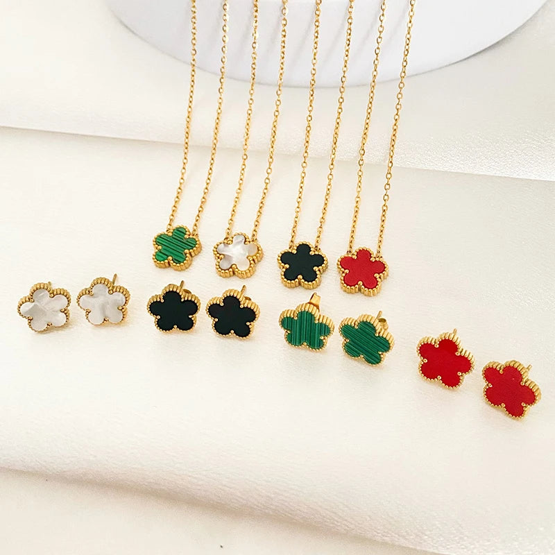 3Pcs Stainless Steel 316L Luxury Plum Blossom Plant Five Leaf Flower Necklace Earrings Bracelet for Women Gift Jewelry Sets