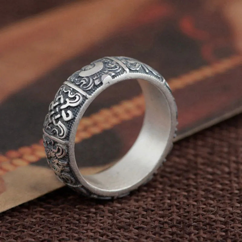 990 Silver Ring for Men Jewelry 100% Original Pure S990 Silver Sterling Ring Buddaha Good Luck Buddhist Eight Auspiciousness