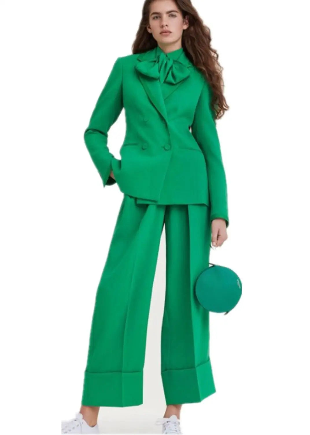 Green Women Blazer with Wide Pants Suits Set 2 Pcs Long Sleeve Suit Women Jacket Suits Female Ladies Customize Made