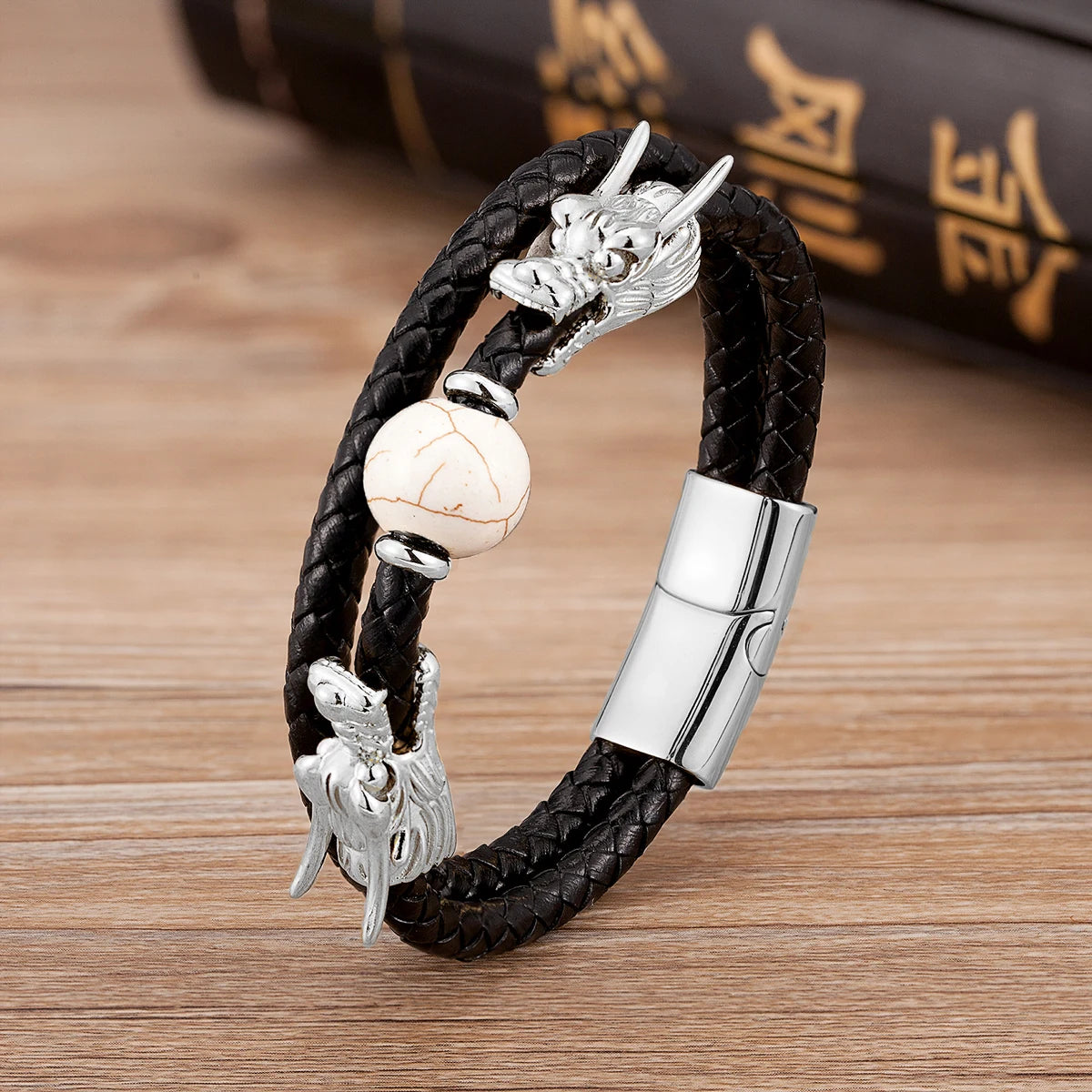 4Style Punk Dragon Shape Leather Bracelets Men Jewelry Classic Stainless Steel Magnetic Clasp Charm Bracelet Homme Male Jewellry