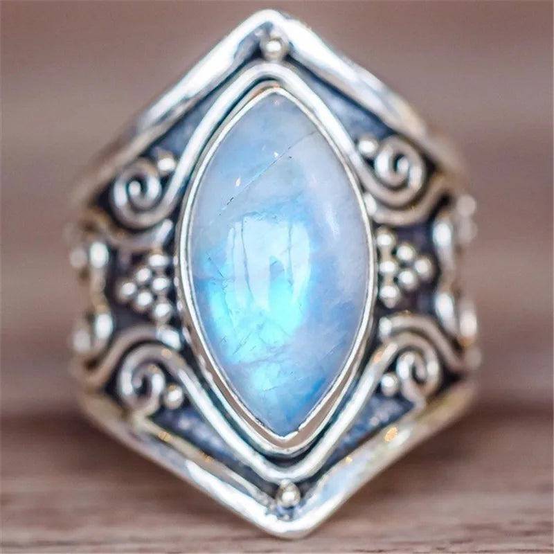 Vintage Tibetan Silver Big Healing Crystal Bohemia Rings for Women Boho Antique Indian Moonstone Ring Jewelry Girls Ladies Gifts