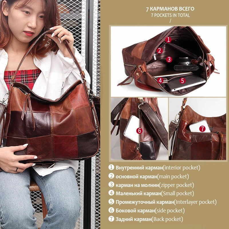 New Designer Genuine Leather Elegant Women Shoulder Crossbody Bag Classic Patchwork Large Casual Handbag Ladies Top Handle Tote