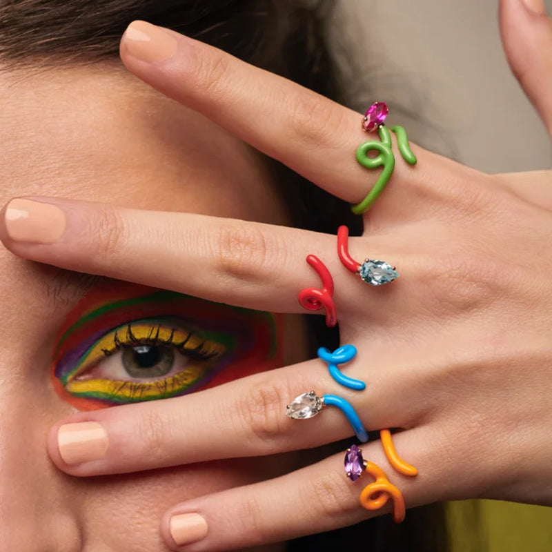 Rainbow Neon Enamel Band Women Finger Rings Open Adjusted Wrap Wire Band Finger Women Rings