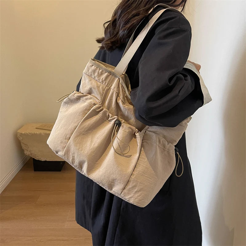 Women Drawstring Tote Bag All-Match Nylon Shoulder Bag Large Capacity Underarm Bag Casual Satchel Bag Shopper Bag